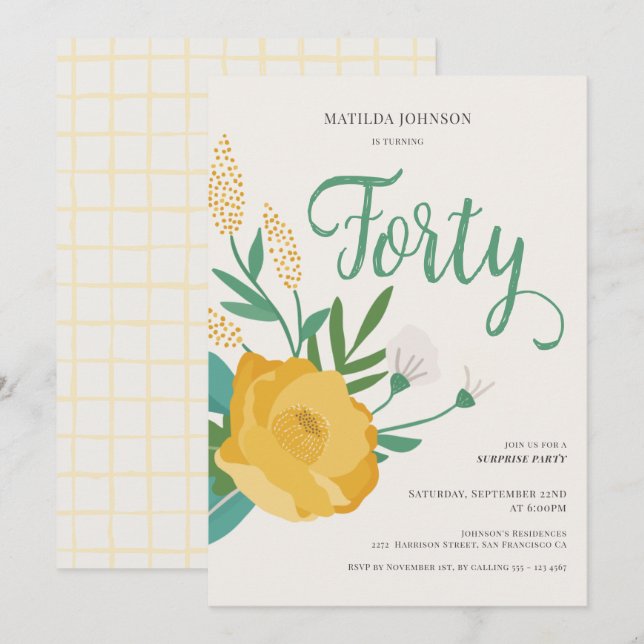 Invitation Floral moderne Surprise 40e anniversaire (Devant / Derrière)