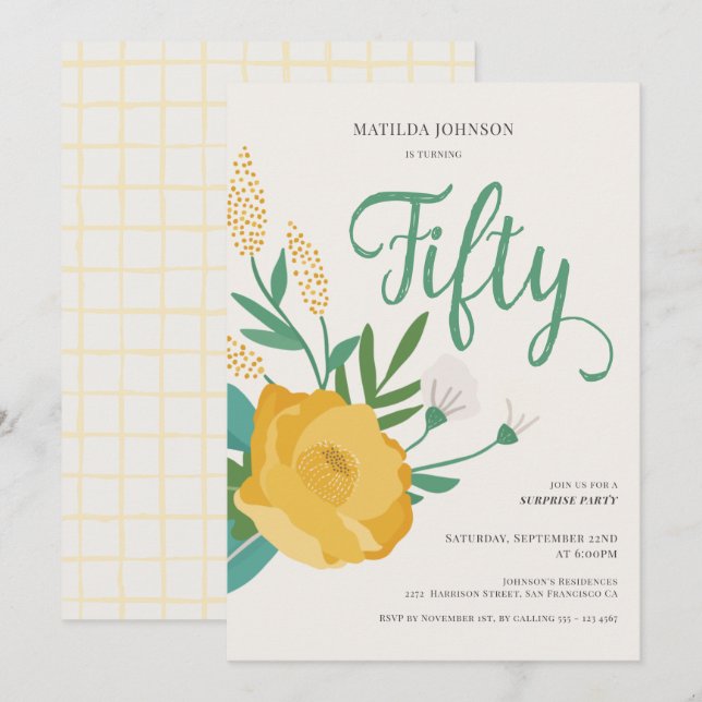 Invitation Floral moderne Surprise 50ème anniversaire (Devant / Derrière)