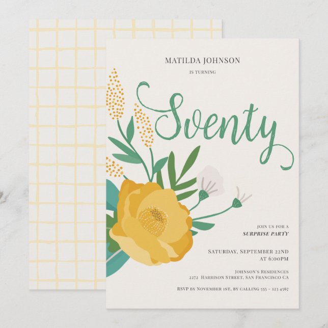 Invitation Floral moderne Surprise 70e fête d'anniversaire (Devant / Derrière)