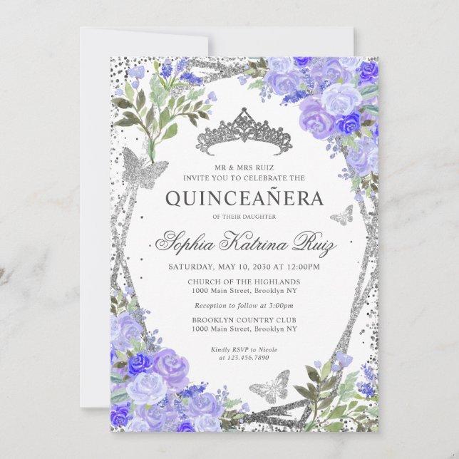 Invitation Floral moderne violet glam argent Tiara Quinceañer (Devant)
