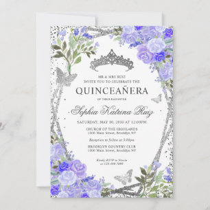 Invitation Floral moderne violet glam argent Tiara Quinceañer
