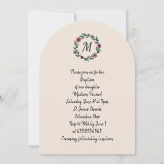 Invitation Floral monogram hand drawn vintage girl baptism