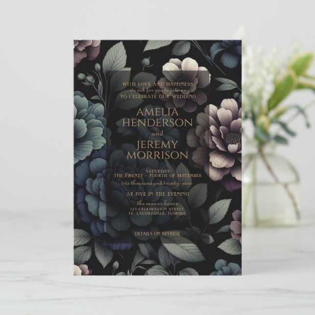 Invitation Floral Moody bleu avec code QR (Debout devant)