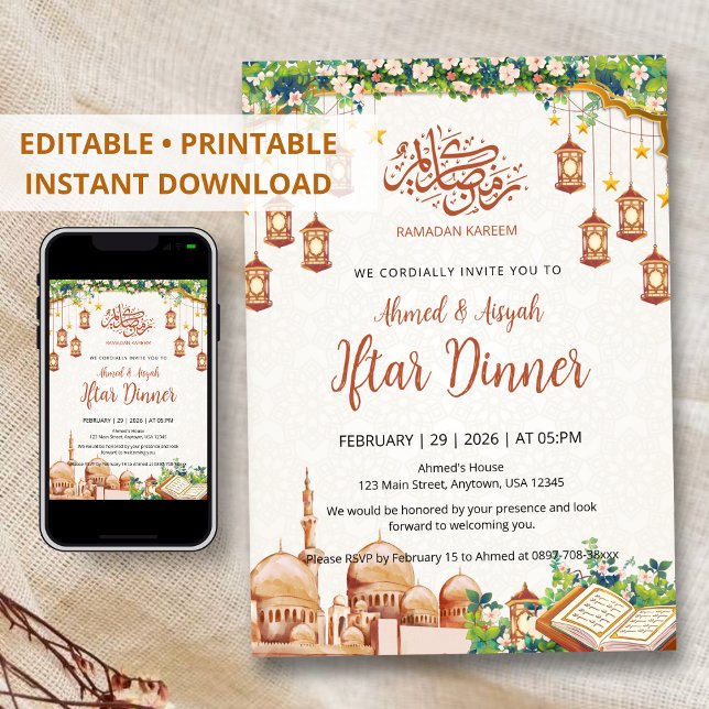 Invitation Floral Mosque & Lanterns Ramadan Iftar Dinner (Créateur téléchargé)
