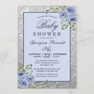 Invitation Floral Navy Baby shower d'étincelles d'argent bleu