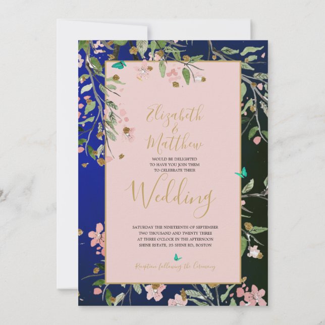 Invitation Floral Navy Blue Elegant rose et or Chinoiserie (Dos)
