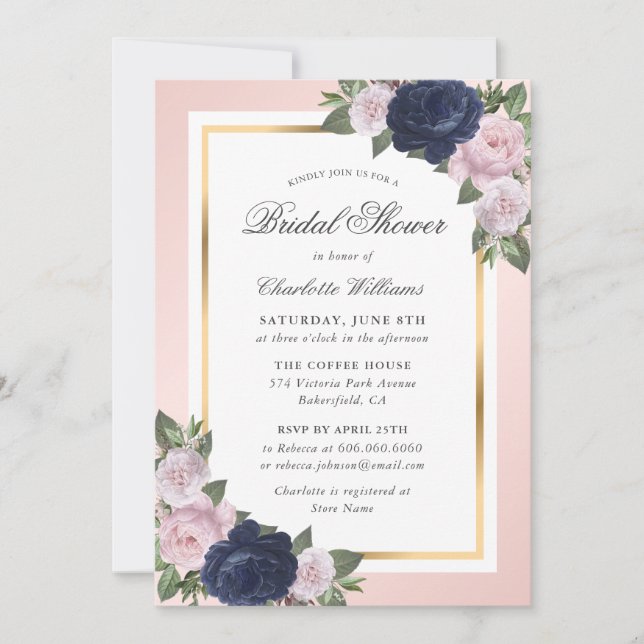 Invitation Floral Navy Blue Gold Blush Fête des mariées rose (Devant)