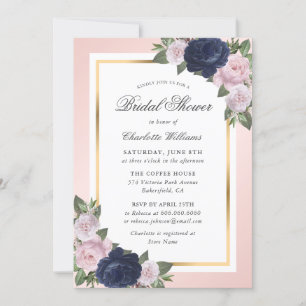 Invitation Floral Navy Blue Gold Blush Fête des mariées rose