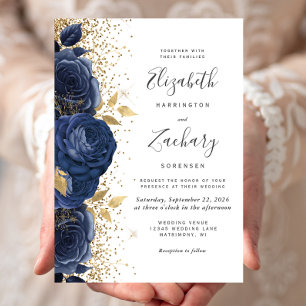 Invitation Floral Navy Blue Gold Mariage blanc