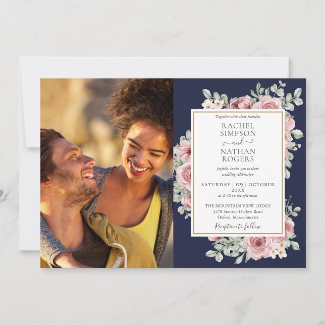 Invitation Floral Navy Blue Gold Mariage photo (Devant)