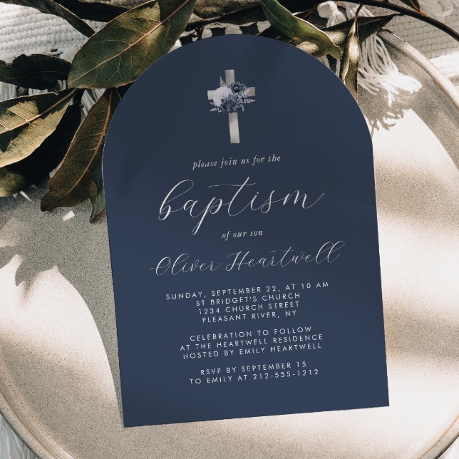 Invitation Floral Navy Blue Silver Cross Arch Boys Baptême (Créateur téléchargé)