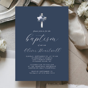 Invitation Floral Navy Blue Silver Cross Garçons Baptême