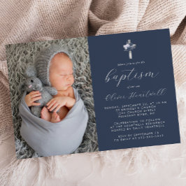 Invitation Floral Navy Blue Silver Cross Photo Boys Baptême