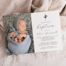 Invitation Floral Navy Blue Silver Cross Photo Boys Baptême