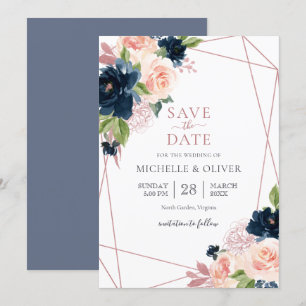 Invitation Floral Navy et Blush Géométrique Enregistrer la da