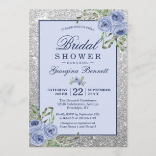 Invitation Floral Navy Fête des mariées d'étincelles d'argent