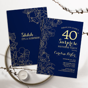 Invitation Floral Navy Gold Surprise 40e fête d'anniversaire