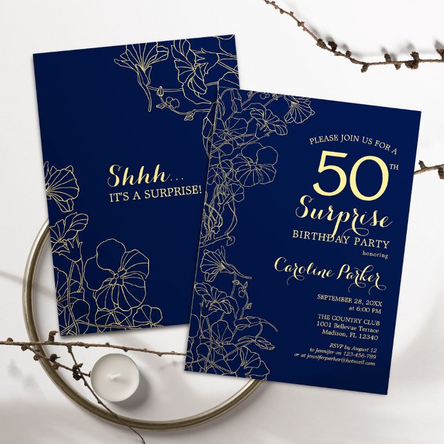 Invitation Floral Navy Gold Surprise 50e anniversaire (Créateur téléchargé)