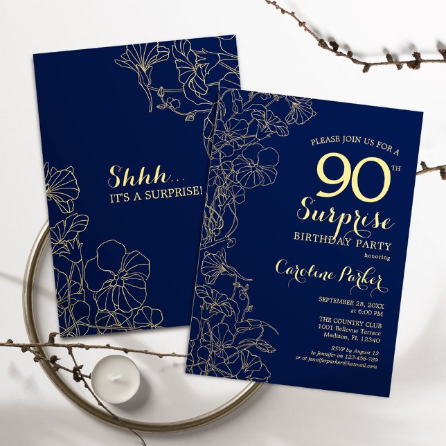 Invitation Floral Navy Gold Surprise 90e anniversaire fête (Créateur téléchargé)