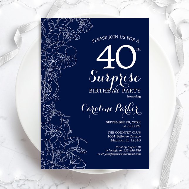 Invitation Floral Navy White Surprise 40e anniversaire (Créateur téléchargé)
