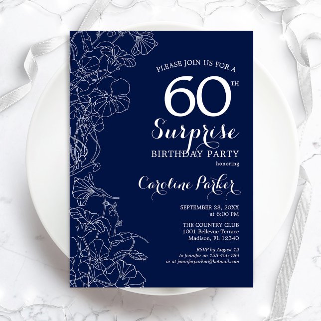 Invitation Floral Navy White Surprise 60e anniversaire (Créateur téléchargé)
