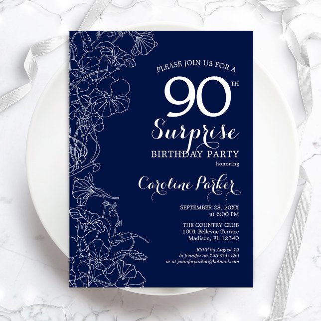 Invitation Floral Navy White Surprise 90e anniversaire (Créateur téléchargé)