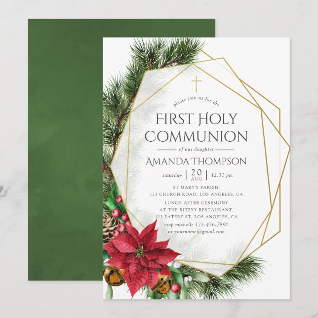 Invitation Floral Noël Géométrique Première Communion Sainte (Devant / Derrière)