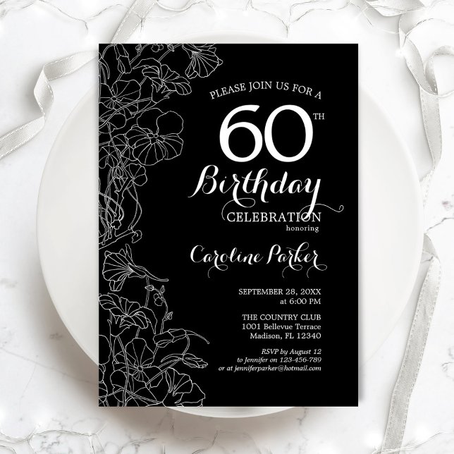 Invitation Floral noir blanc 60e anniversaire (Créateur téléchargé)