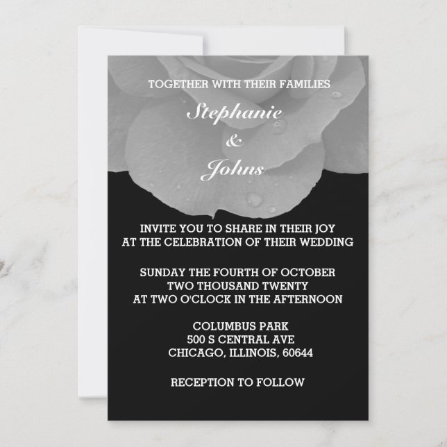 Invitation Floral noir blanc gris gris Rose Mariage Cool (Devant)