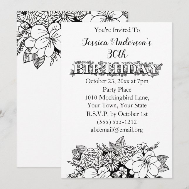 Invitation Floral noir blanc trentième 30ème anniversaire Inv (Devant / Derrière)