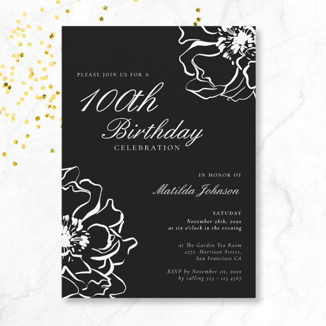 Invitation Floral noir et blanc 100e anniversaire (Mockup View)