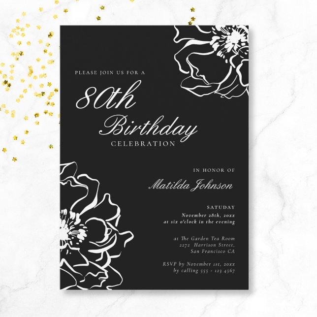 Invitation Floral noir et blanc 80e anniversaire (Mockup View)