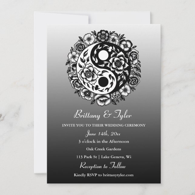 Invitation Floral noir et blanc Yin Yang Mariage (Devant)