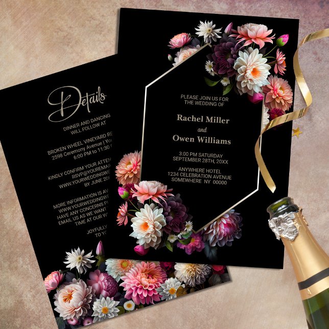 Invitation Floral noir géométrique élégant tout en un Mariage (Créateur téléchargé)
