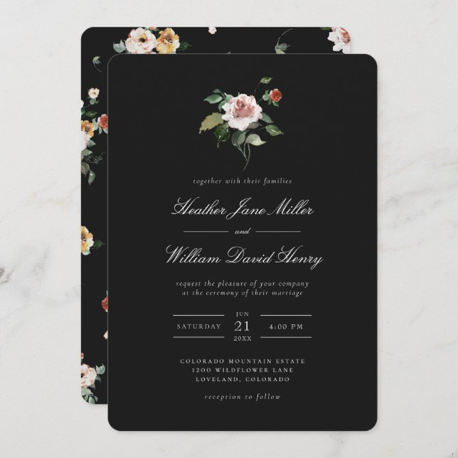 Invitation Floral noir Mariage (Devant / Derrière)