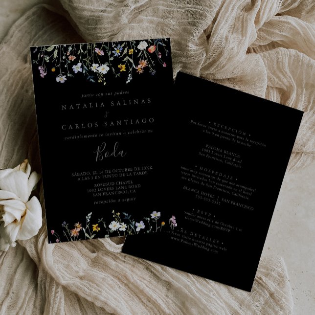 Invitation Floral noir sauvage devant Mariage arrière (Créateur téléchargé)