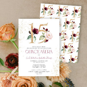 Invitation Floral Numéro 15 Burgundy Gold Quinceañera
