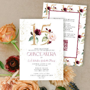 Invitation Floral Numéro 15 QR Burgundy Gold Quinceañera
