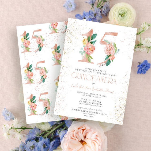 Invitation Floral Numéro 15 Rose Rose Gold Quinceañera (Créateur téléchargé)