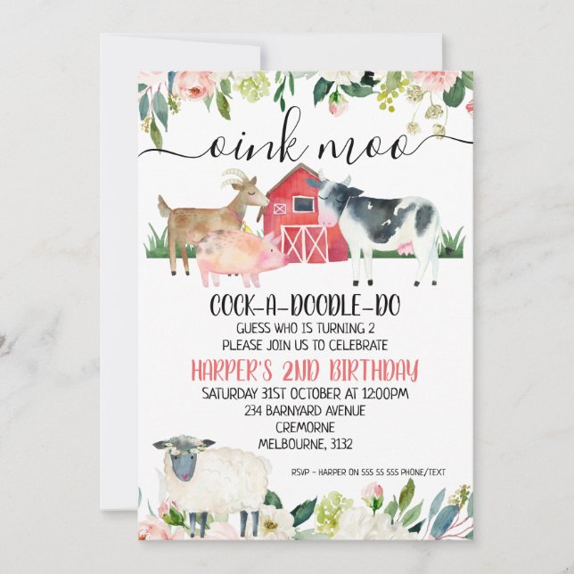 Invitation Floral Oink Moo Animaux de ferme Anniversaire Invi (Devant)
