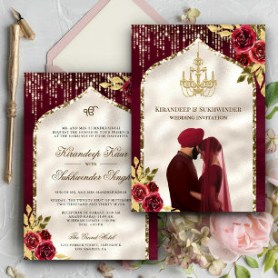 Invitation Floral or de Bourgogne Anand Karaj Sikh Mariage