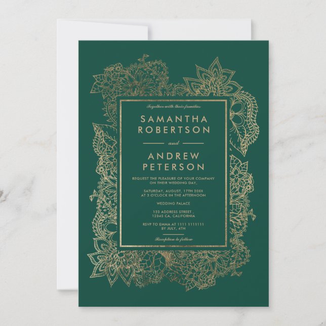 Invitation Floral or émeraude vert détails hôtel mariage (Devant)