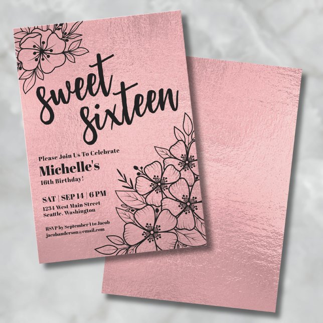 Invitation Floral or rose 16e anniversaire (Rose Gold Floral 80th Birthday Party Invitation)