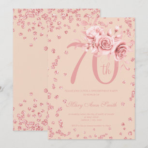Invitation Floral or rose & Confetti 70e Anniversaire Blush