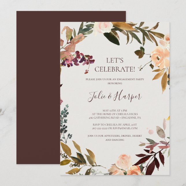 Invitation Floral Orange Bourgogne | Beige Fêtons (Devant / Derrière)