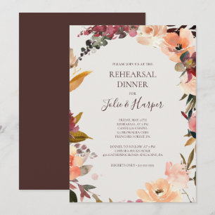 Invitation Floral Orange Bourgogne Dîner de répétition beig