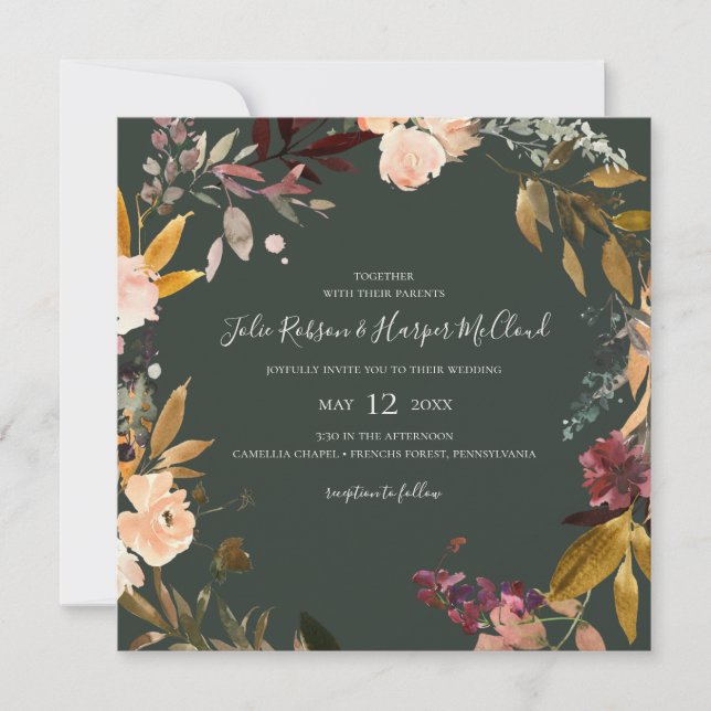 Invitation Floral Orange Bourgogne | Mariage Carré vert (Devant)