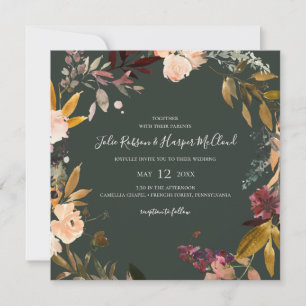 Invitation Floral Orange Bourgogne   Mariage Carré vert