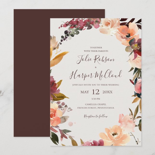 Invitation Floral Orange Bourgogne | Mariage Décontracté beig (Devant / Derrière)
