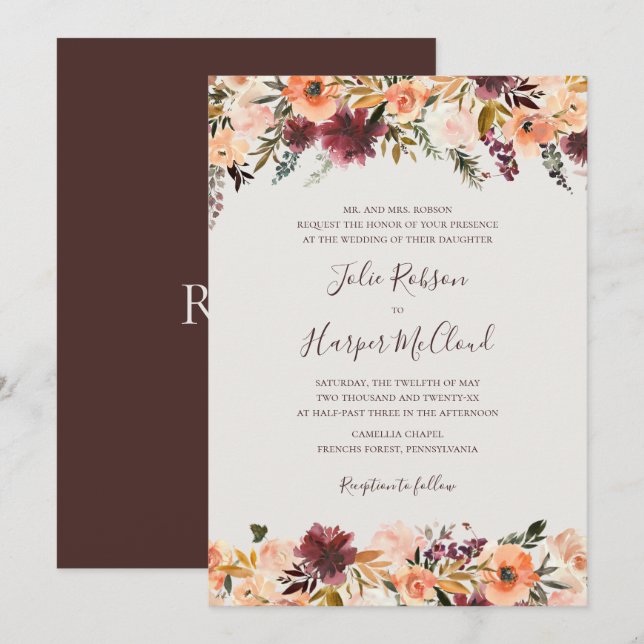Invitation Floral Orange Bourgogne | Mariage traditionnel bei (Devant / Derrière)